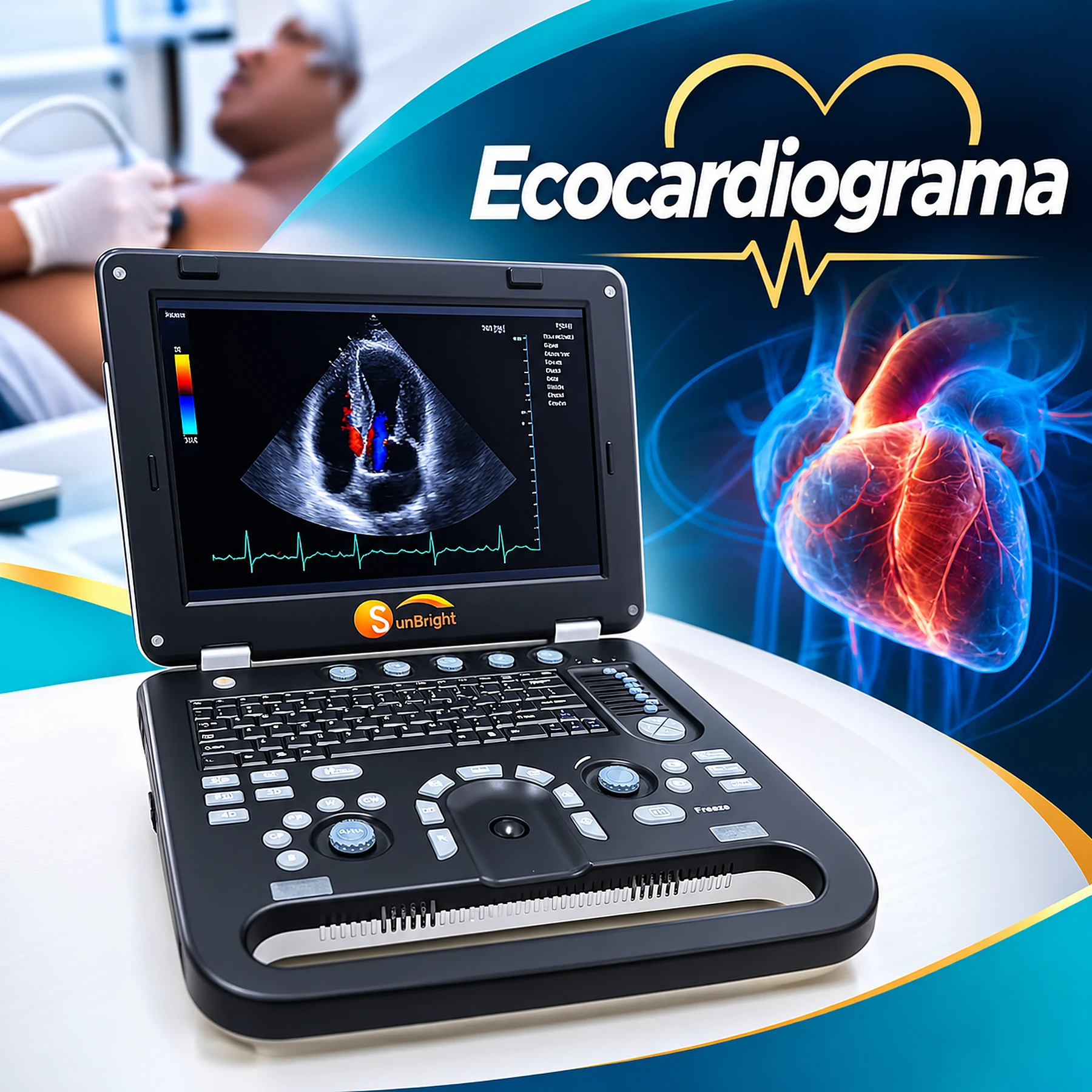 Aparelho de ecocardiograma com imagem do coração